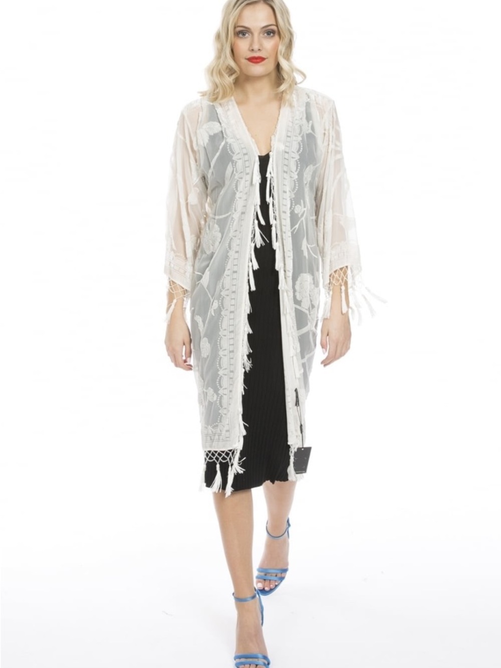 JayLey Devore Floral Lace Fringe Kimono Duster Jacket w beadwork Boho Bridal M